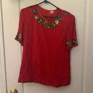 Women’s Elegant Red Sequin 100% Pure Silk with Rayon Lining Blouse